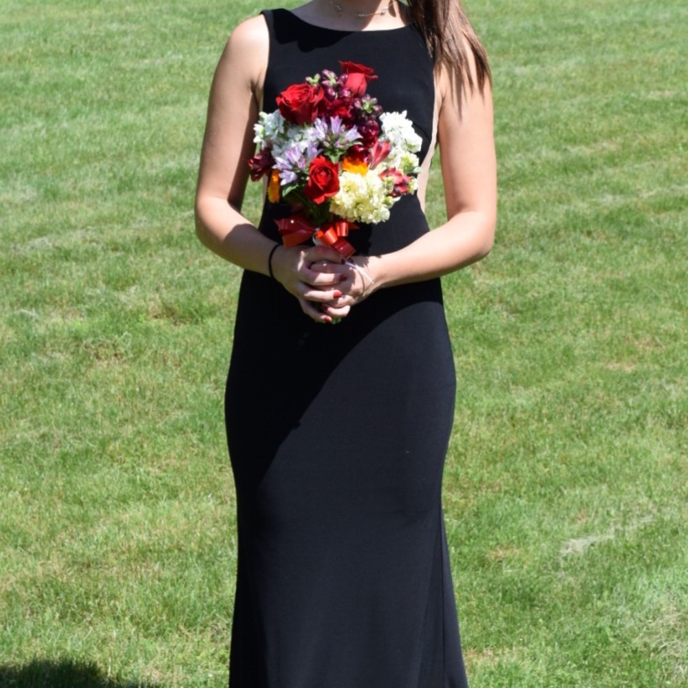 Long backless and sideless black prom dress